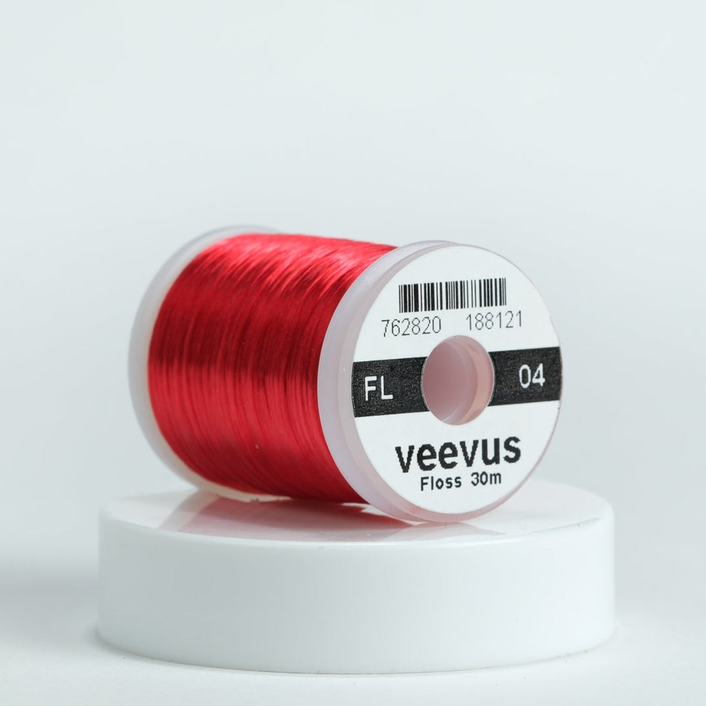 Spool of red floss with 'veevus' branding on a white background