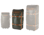 Three Green Fishpond Stormshadow Medium Rolling Duffel with orange straps on a white background of different sizes with visible branding on a white background