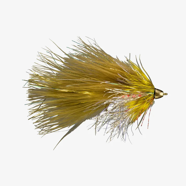 Fishing fly with yellow and brown feathers on a white background