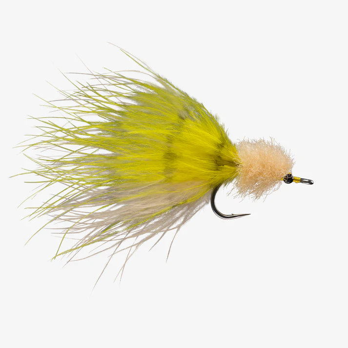Barred olive and tan tarpon fly fishing lure on a white background