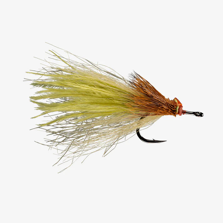 Fishing fly with yellow and brown feathers on a white background