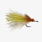Fishing fly with yellow and brown feathers on a white background