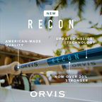Orvis Recon fishing rod with text highlighting features against a blurred outdoor background