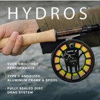Fishing reel with 'Hyros' branding and Orvis logo, held by a person over water.