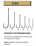 Set of straight-eye streamer hooks with size labels on a white background