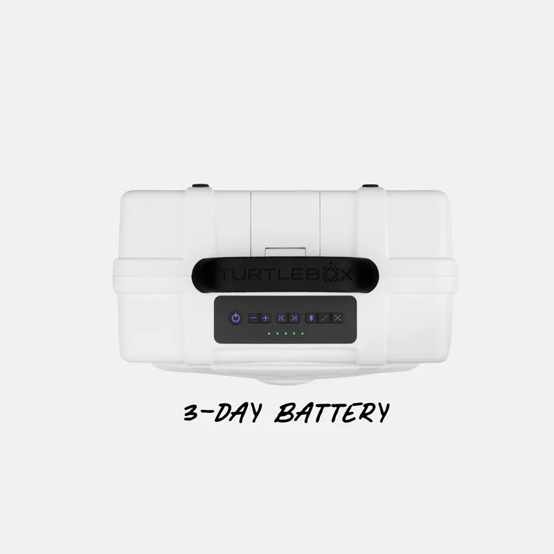 A white hard Turtlebox Original Gen 3 speaker with a black handle and front display panel, shown on a light gray background with the text '3-DAY BATTERY' below it. The brand name 'TURTLEBOX' is embossed on the handle.