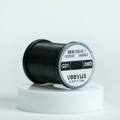 Spool of black GSP thread with 'Veevus' label on a white background