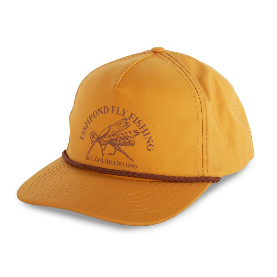 Fishpond Yellow cap with fishing logo and text on a white background
