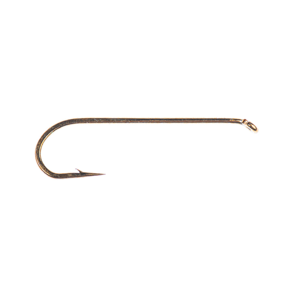 A bronze-finished Core 2220 long shanked streamer hook for fly tying.