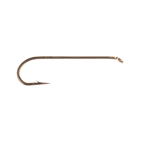 A bronze-finished Core 2220 long shanked streamer hook for fly tying.