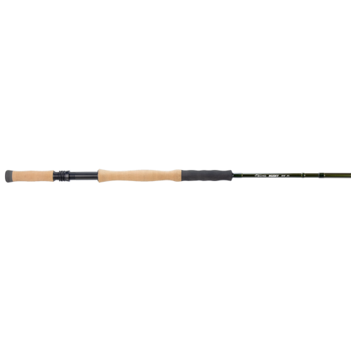 Fishing rod with black and beige handle on a white background