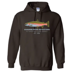 Chagrin River Outfitters brown hoodie with steelhead fish graphic and text on a white background