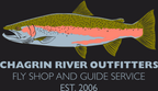 Logo of Chagrin River Outfitters with a steelhead illustration on a black background