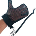 Black mesh glove with a lanyard on a white background