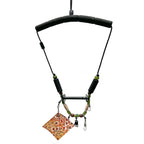 A handcrafted fly-fishing lanyard with a padded neck, safety release, and horizontal tippet spool holder, featuring custom beadwork and a trout print chamois.