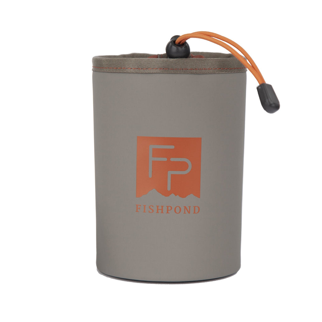 Gray water bottle holder with orange lid and Fishpond logo on a white background