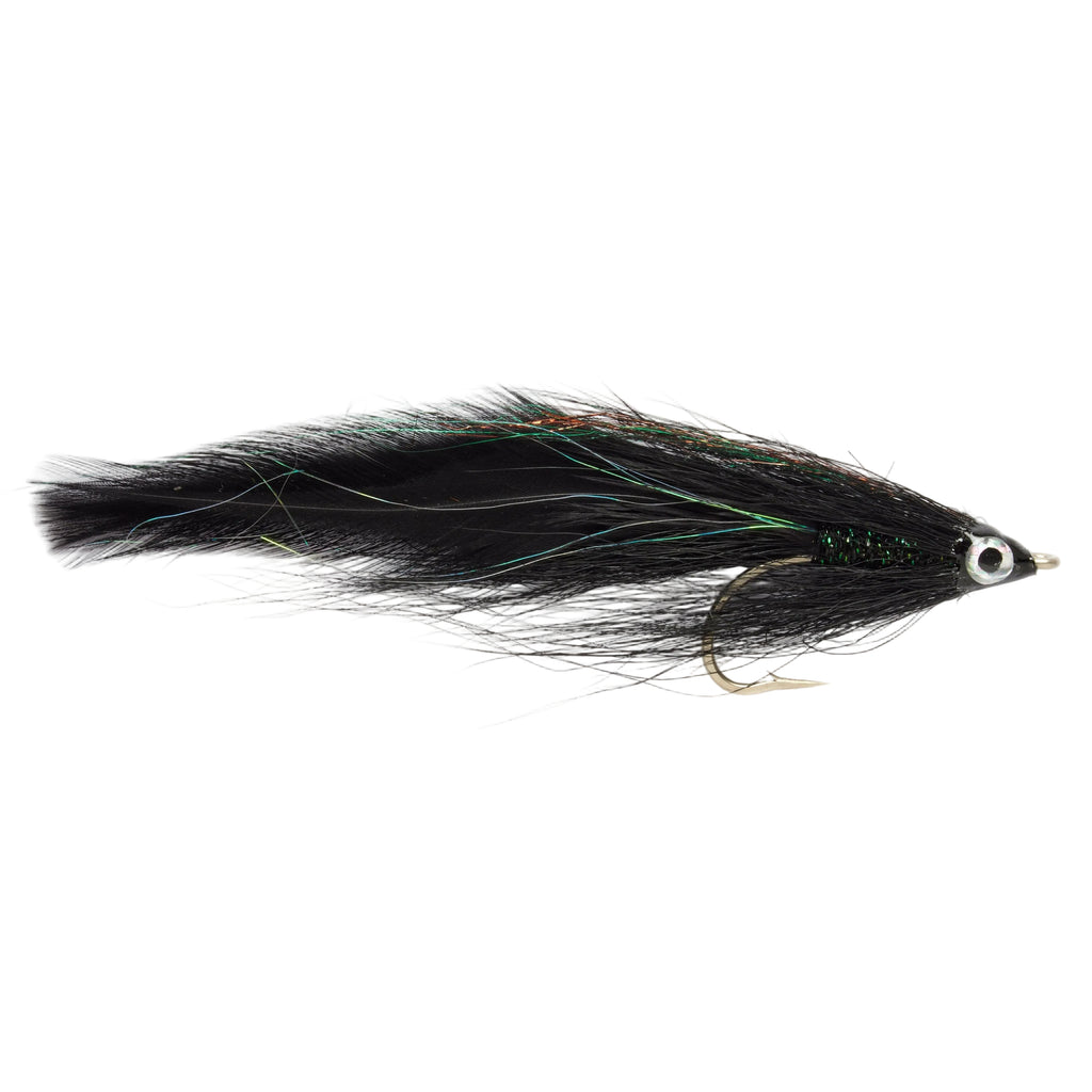 Fishing fly with black and green feathers on a white background