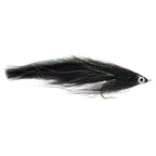 Fishing fly with black and green feathers on a white background