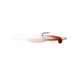 Fishing fly with red and white details on a white background