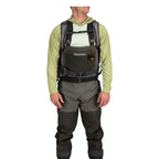 Gray Simms Dry Creek Z Backpack with orange 'Simms' logo on a white background