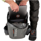 Gray Simms Dry Creek Z Backpack with orange 'Simms' logo on a white background