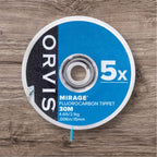 A spool of Orvis Mirage Fluorocarbon Tippet Material for fishing, with packaging indicating 5x strength and 30m length.