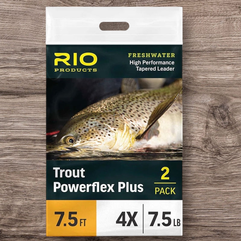 Rio Products Trout Powerflex Plus fishing leader packaging on a wooden surface