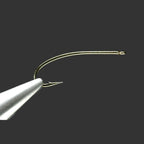 A single gold-colored Daiichi 1270 fly fishing hook against a black background.