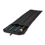 Black fishing rod and reel case with blue guides and a wooden reel on a white background
