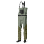 Orvis breathable fly-fishing waders in gray and green colors, featuring external pockets and neoprene booties, standing against a plain background.