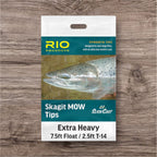 Packaging of RIO Skagit MOW Tips with a picture of a fish and details of the product, placed on a wooden surface.