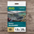 Packaging for RIO Heavy VersiLeader fishing line featuring a picture of a fish and details of the product specifications, such as length and sink rate.