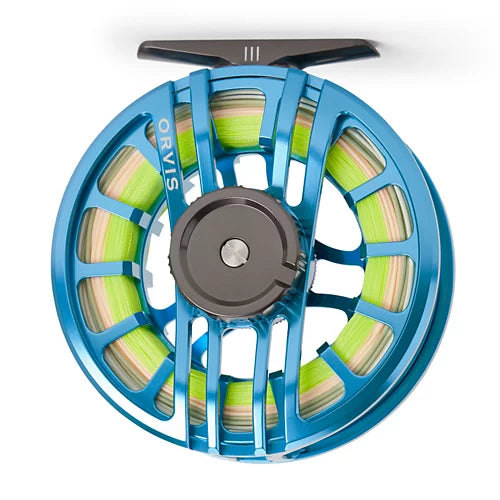 Blue fishing reel with green spool on a white background