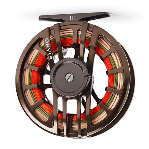 Fly fishing reel with colorful line on a white background, featuring the Orvis brand.