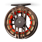 Fly fishing reel with colorful line on a white background, featuring the Orvis brand.