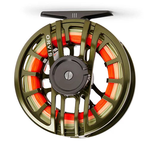 Orvis fishing reel with red and green line on a white background