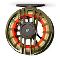Orvis fishing reel with red and green line on a white background