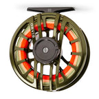 Orvis fishing reel with red and green line on a white background