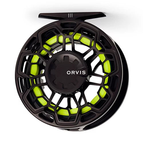 Orvis Ratio black fly fishing reel on a white background