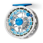 Fishing reel with blue and silver design on a white background
