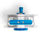 Close-up of a fishing reel with blue and silver design on a white background