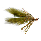 Fishing fly with green and brown feathers on a white background