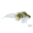 A single artificial fishing fly with a predominantly white body and brown hackle, designed to imitate a small baitfish.