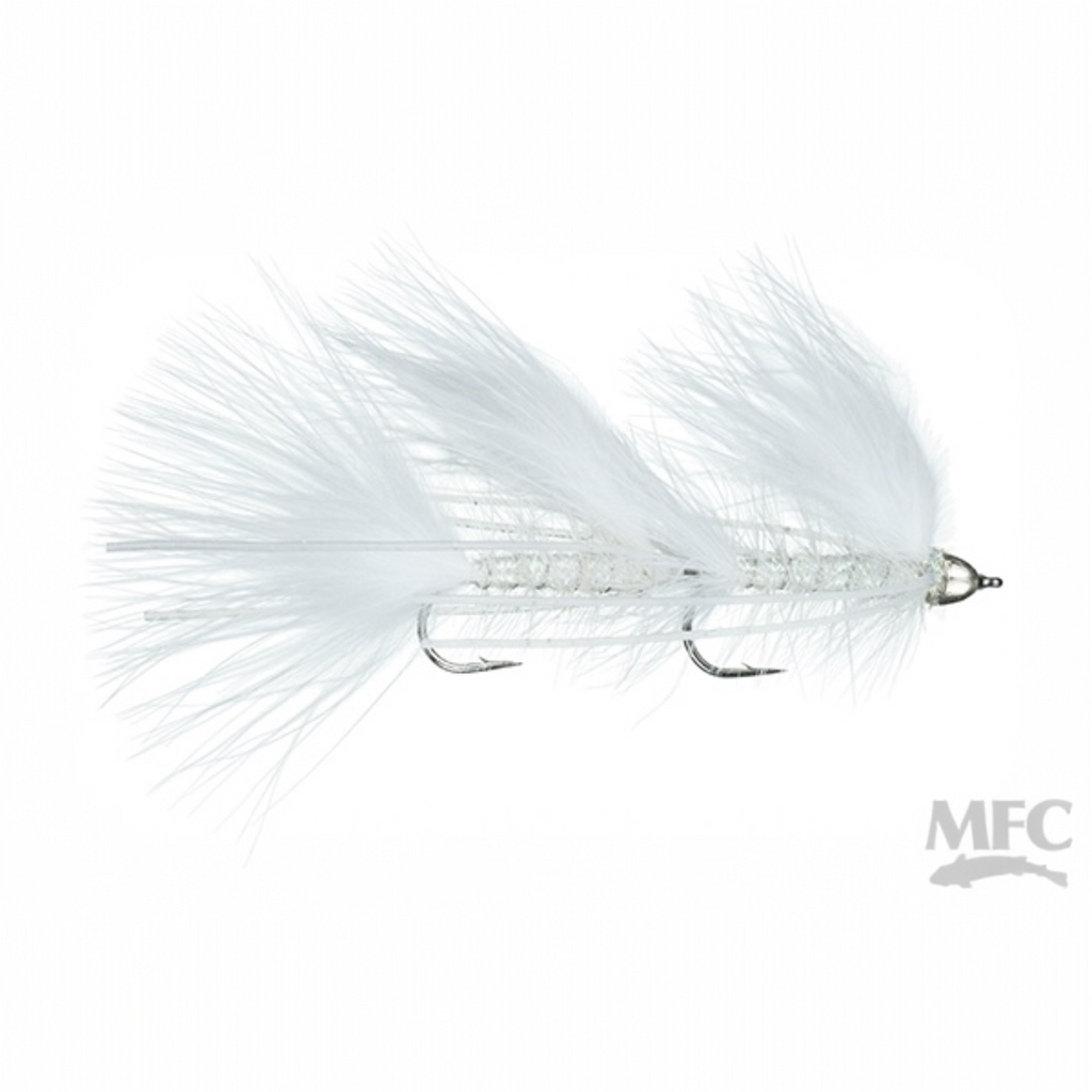 White fly fishing MFC Galloup's Mini Peanut Envy with MFC branding on a white background