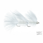 White fly fishing MFC Galloup's Mini Peanut Envy with MFC branding on a white background