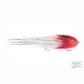 MFC Pacchiarini's Discovery Baitfish fly with red and white pattern on a white background