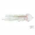 MFC Schultzy's Mini OG Leggy Boi fly with white body and multicolored tail on a white background, featuring MFC logo.