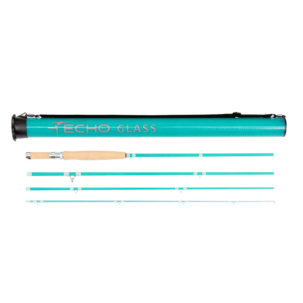Echo Glass fishing rod with a blue and black color scheme, including multiple segments for adjustment.