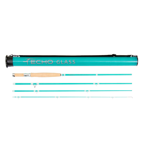 Echo Glass fishing rod with a blue and black color scheme, including multiple segments for adjustment.