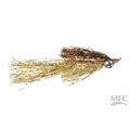Fishing lure with gold and bronze tinsel on a white background, featuring MFC branding.
